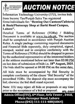 Information Technology University Lahore Tender Notice